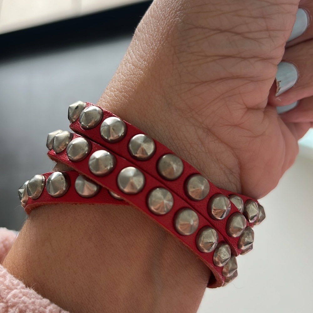 Studded leather wrap red bracelet